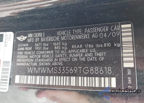 2009 Mini Cooper S from USA, damaged, VIN WMWMS33569TG88618